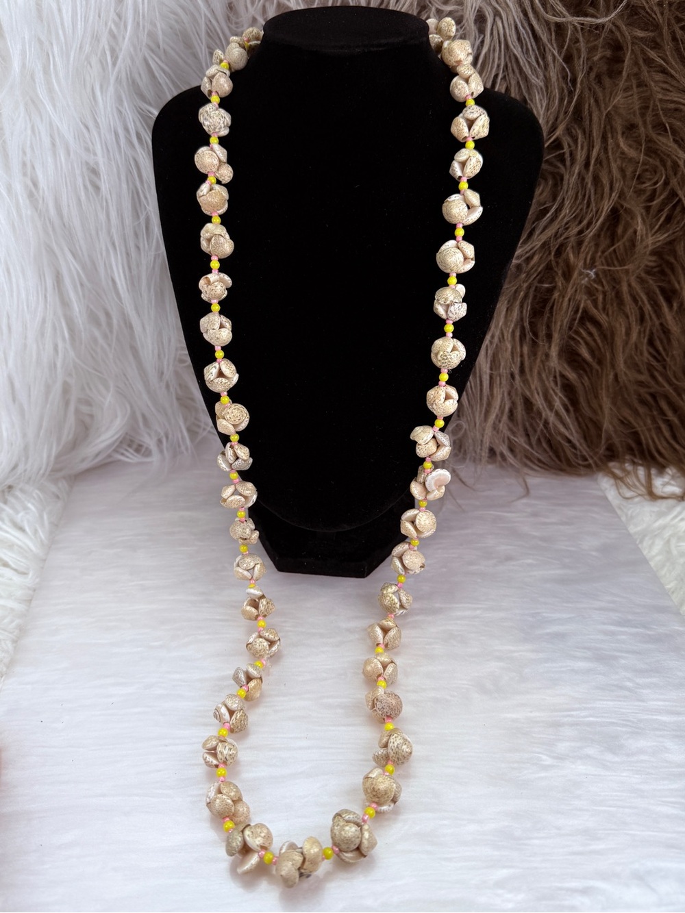 Vintage Long Shell Cluster Necklace Pink Yellow Beads Coastal Boho